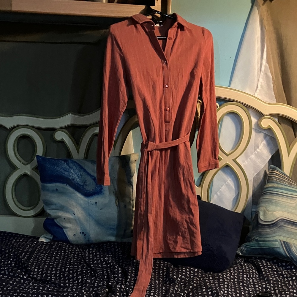 Promesa Rust Button-Front Long Sleeve Shirt Dress with Tie Belt